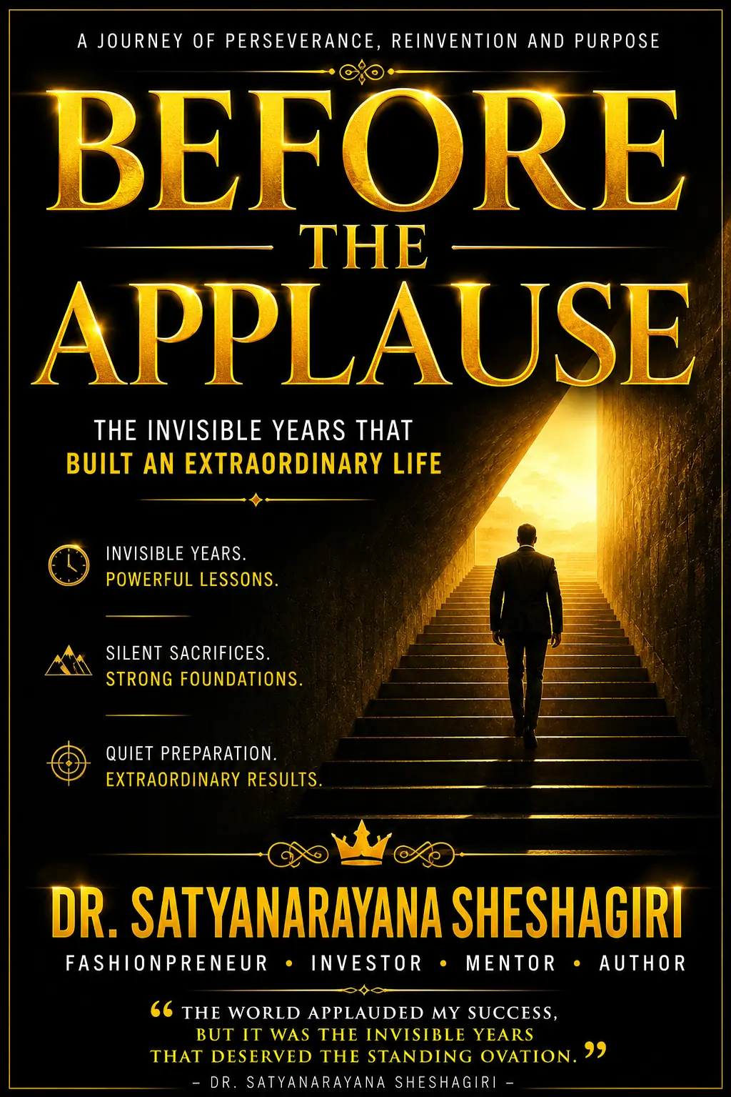 Before the Applause book cover: the title in gold on black, beside a figure walking up a staircase towards an open doorway of light.