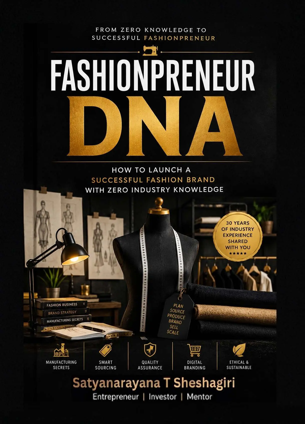 Fashionpreneur DNA book cover: the title in white and gold above a dark design studio scene with a dress form, tape measure, folded fabric and design sketches.