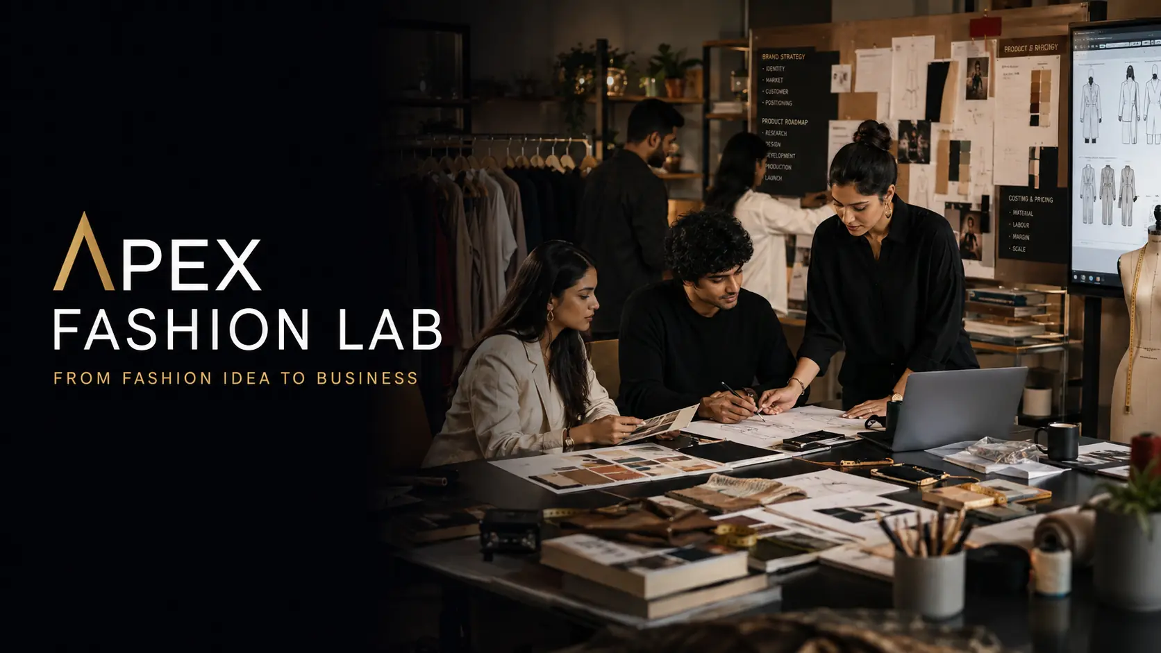A studio workspace: three people work together over product boards, sketches and material samples.