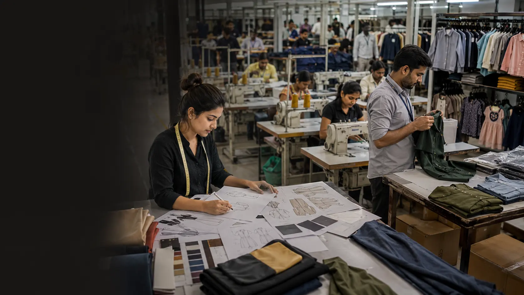 A garment production floor: a designer works over technical flats and fabric swatches at a cutting table while sewing lines run behind her.